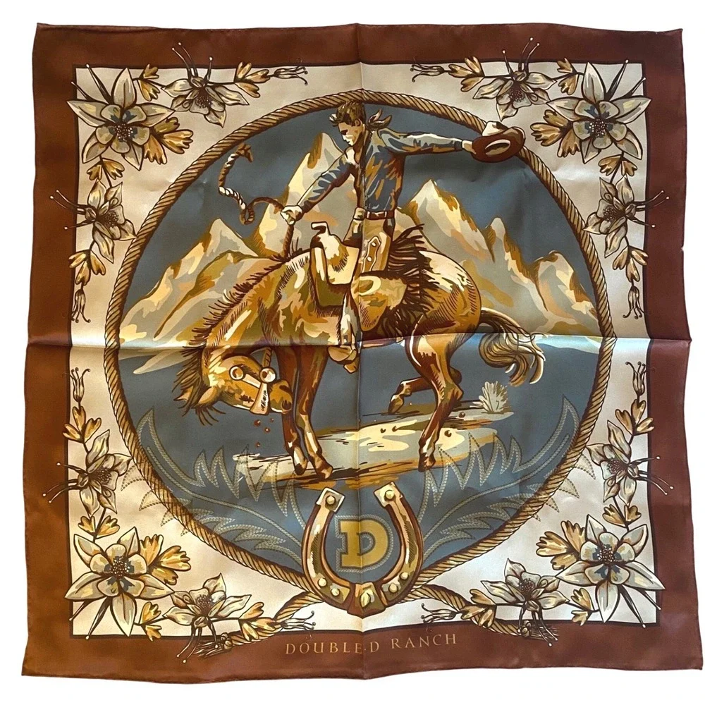 NEW DOUBLE D RANCH 100% Silk Scarf Country Western Cowgirl Boho 25" Blue Brown - Picture 1 of 9